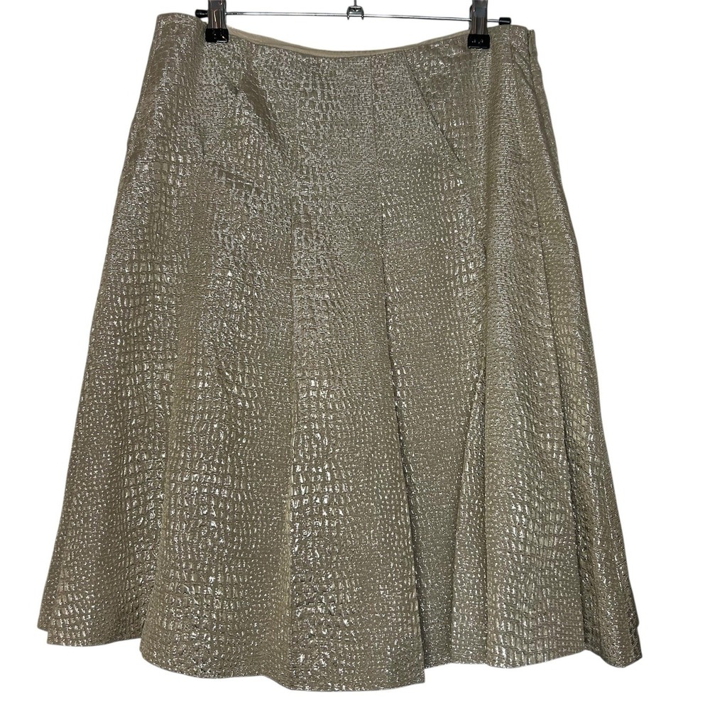 PINK TARTAN Gold Metallic Pleated Knee Length Flare Skirt Women's Size 8 Holiday